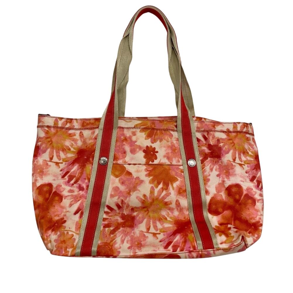J Jill Orange Red Floral Canvas Tote Handbag Fall Shoppers Classic Shoulder Bag